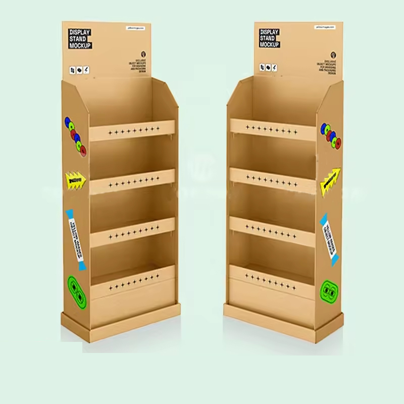 Custom Supermarket Retail Display Stand Kraft Paper Pop up Display Rack shelf Cardboard Display Stand With Hook