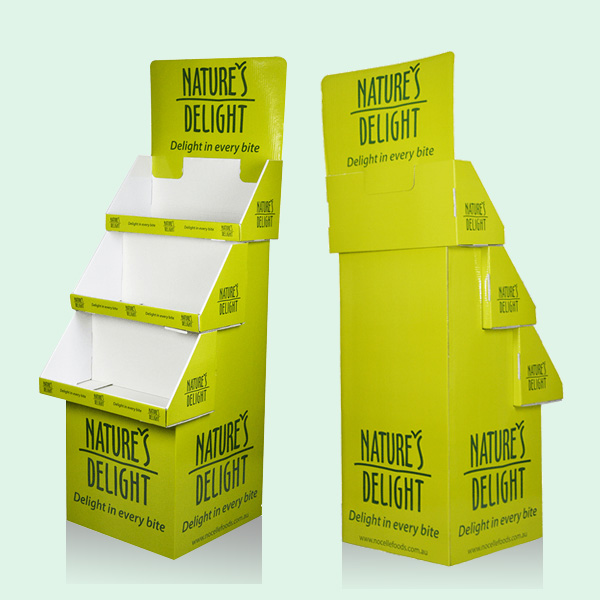 Holidaypac yellow cardboard floor display stands with shelves and header panels
