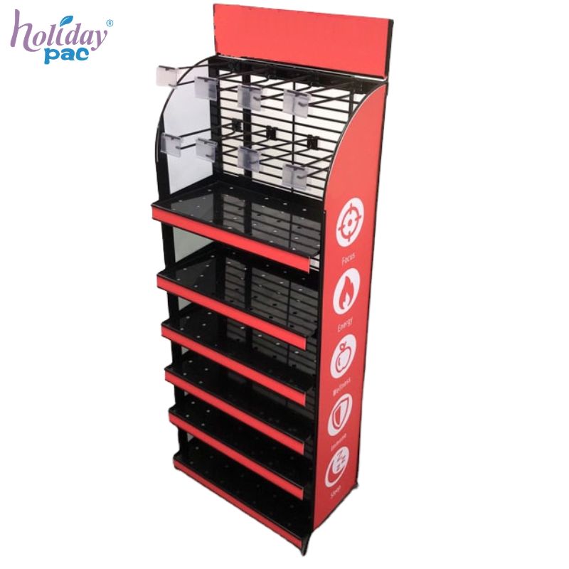 Holidaypac red and black metal retail display with shelves and upper hooks