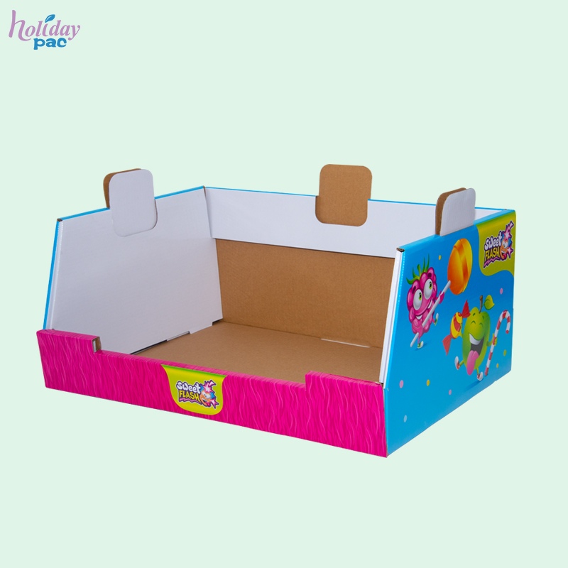 Holidaypac colorful stackable cardboard PDQ tray with open front and side panels