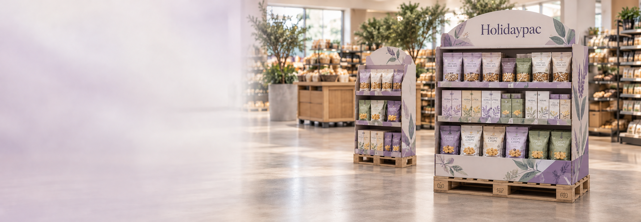Holidaypac purple and ivory cardboard pallet displays in an AI-generated retail scene