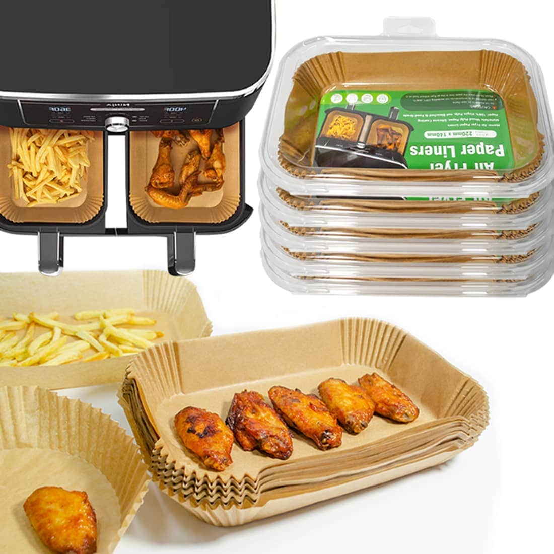 Air Fryer Disposable Paper Liner Rectangular for Ninja Foodi Dual Basket  8QT 10QT, 100Pcs Rectangle Parchment Paper liners for DZ201,DZ401, FG551