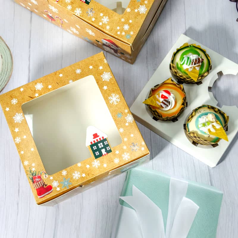 Christmas Individual Cupcake Box with Window and Insert Pre-Assembled Christmas Mini Kraft Bakery Boxes for Gifts