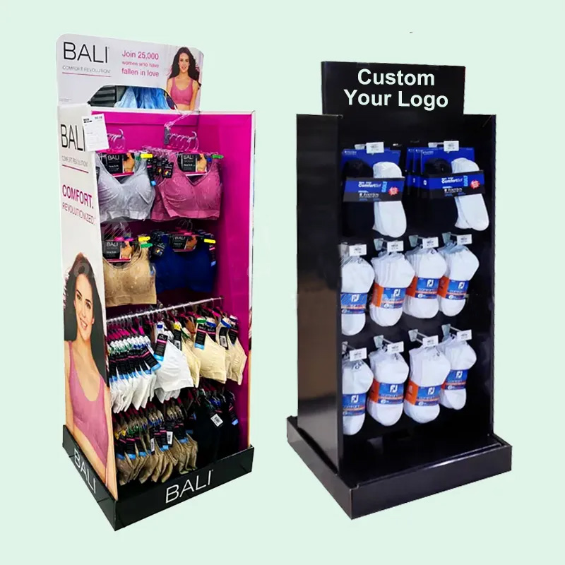 Customized Supermarket Dress Hook Display Rack Cardboard Floor Display Stand Underwear Socks Hook Display