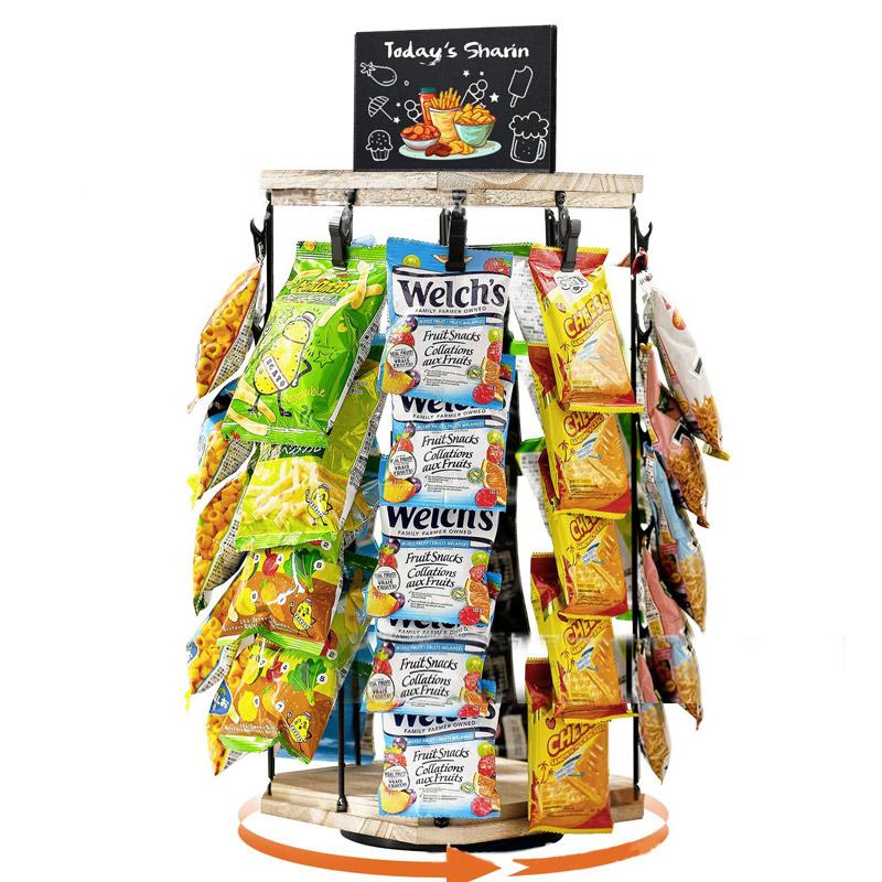 Rotating Snack Display Rack with Wooden Base and Message Display Tabs