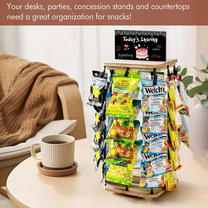 Rotating Snack Display Rack with Wooden Base and Message Display Tabs