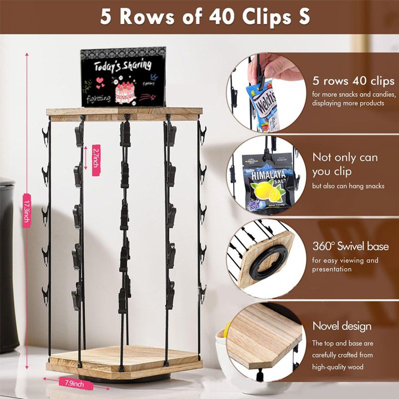 Rotating Snack Display Rack with Wooden Base and Message Display Tabs