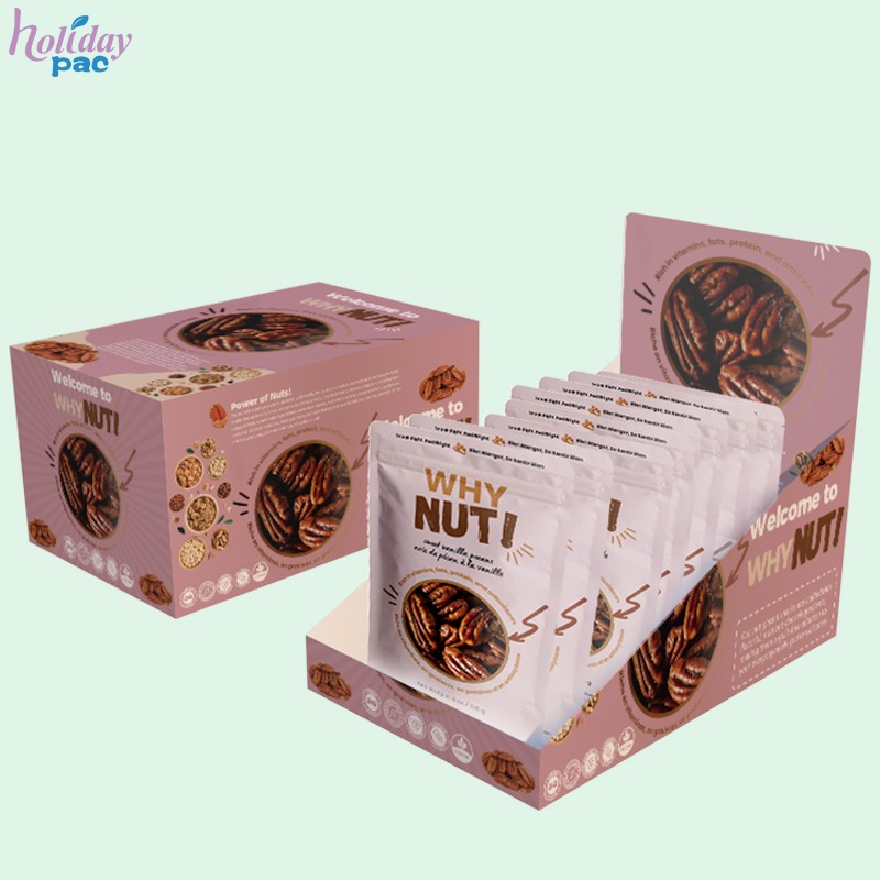 Custom Shelf Ready Packaging with Tear Top & Tuck In Lid for Nut Pouches -Holidaypac