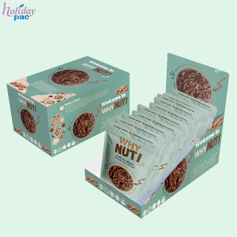 Custom Shelf Ready Packaging with Tear Top & Tuck In Lid for Nut Pouches -Holidaypac