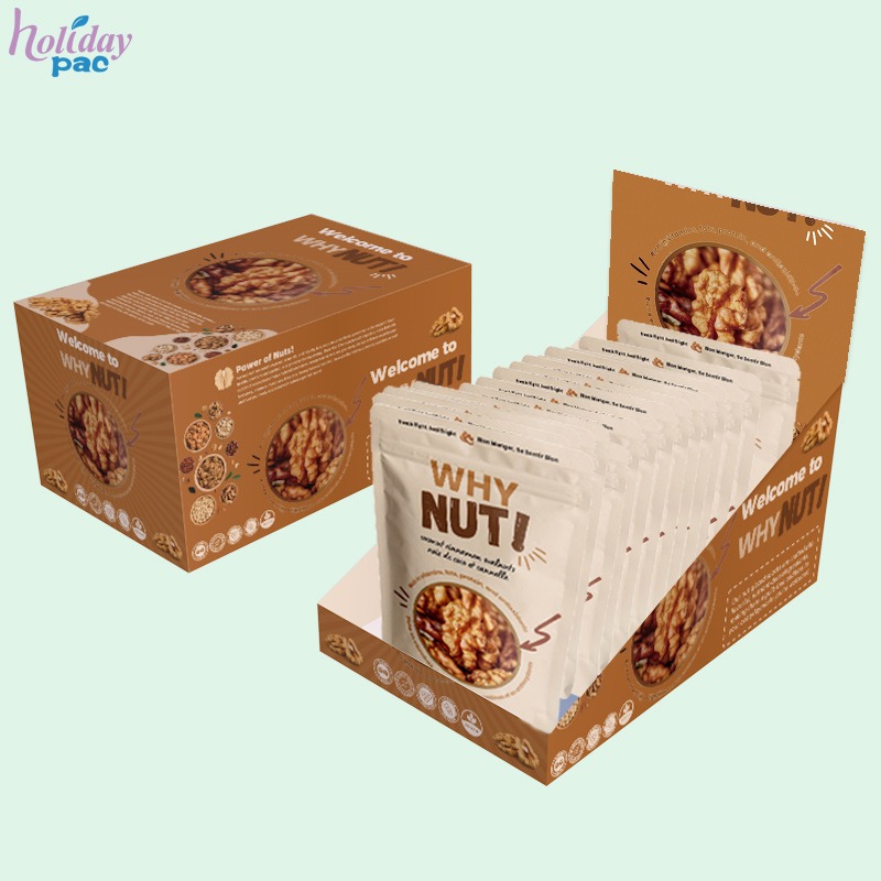 Custom Shelf Ready Packaging with Tear Top & Tuck In Lid for Nut Pouches -Holidaypac