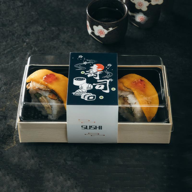 Custom Sushi Wooden Rectangular TAKE OUT BOX with Transparent Lid and Inner Tray -Holidaypac