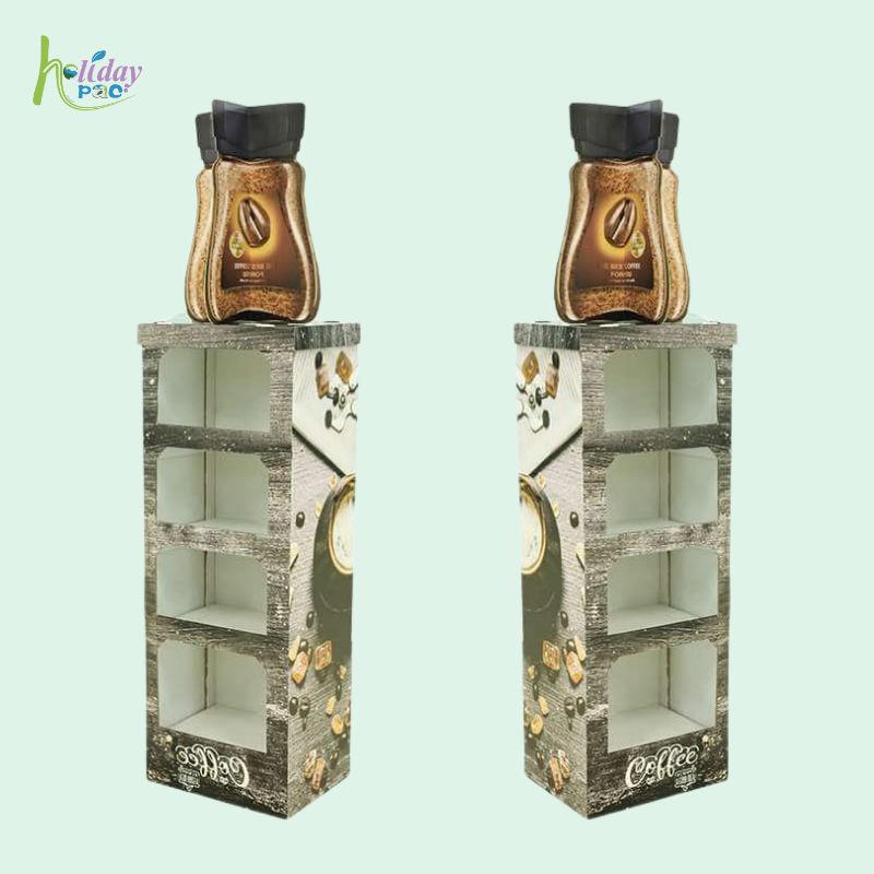 Custom Cardboard Floor Display Stand with Coffee Bottle Topper for Retail Promotion-Holidaypac