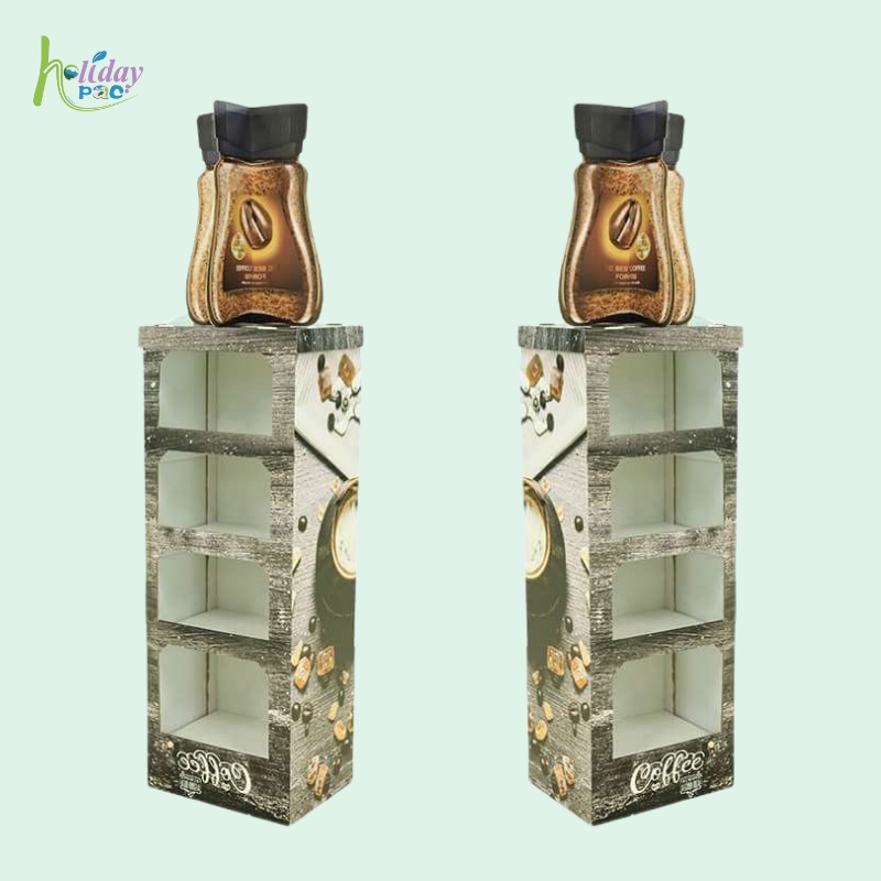Custom Cardboard Floor Display Stand with Coffee Bottle Topper for Retail Promotion-Holidaypac