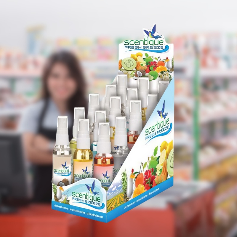 Custom Cardboard Counter Display for Air Freshener Sprays with Tiered Shelves-Holidaypac