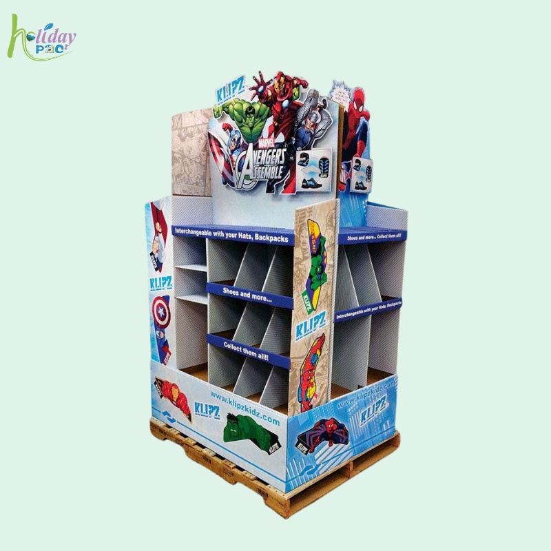 Custom Retail Pallet Display for Superhero Toys with Compartment Shelves-Holidaypac