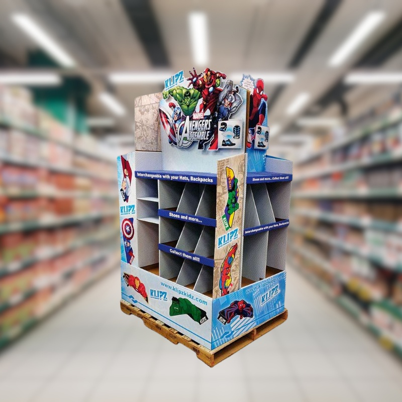 Custom Retail Pallet Display for Superhero Toys with Compartment Shelves-Holidaypac