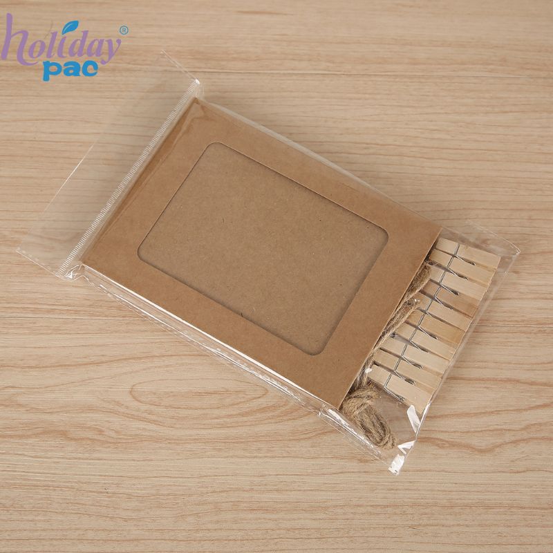 Custom Kraft Paper Photo Frames with Wooden Clips and Jute String for Party Wall Hanging Display - Holidaypac