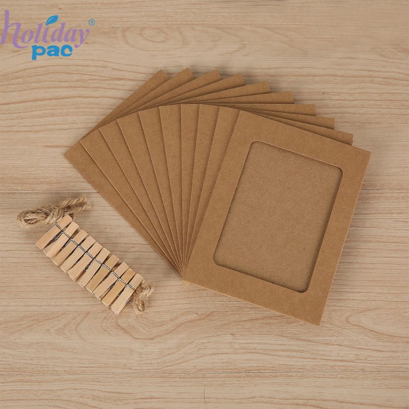 Custom Kraft Paper Photo Frames with Wooden Clips and Jute String for Party Wall Hanging Display - Holidaypac Custom Kraft Paper Photo Frames with Wooden Clips and Jute String for Party Wall Hanging Display - Holidaypac