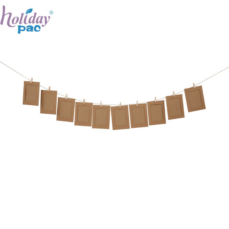 Custom Kraft Paper Photo Frames with Wooden Clips and Jute String for Party Wall Hanging Display - Holidaypac Custom Kraft Paper Photo Frames with Wooden Clips and Jute String for Party Wall Hanging Display - Holidaypac