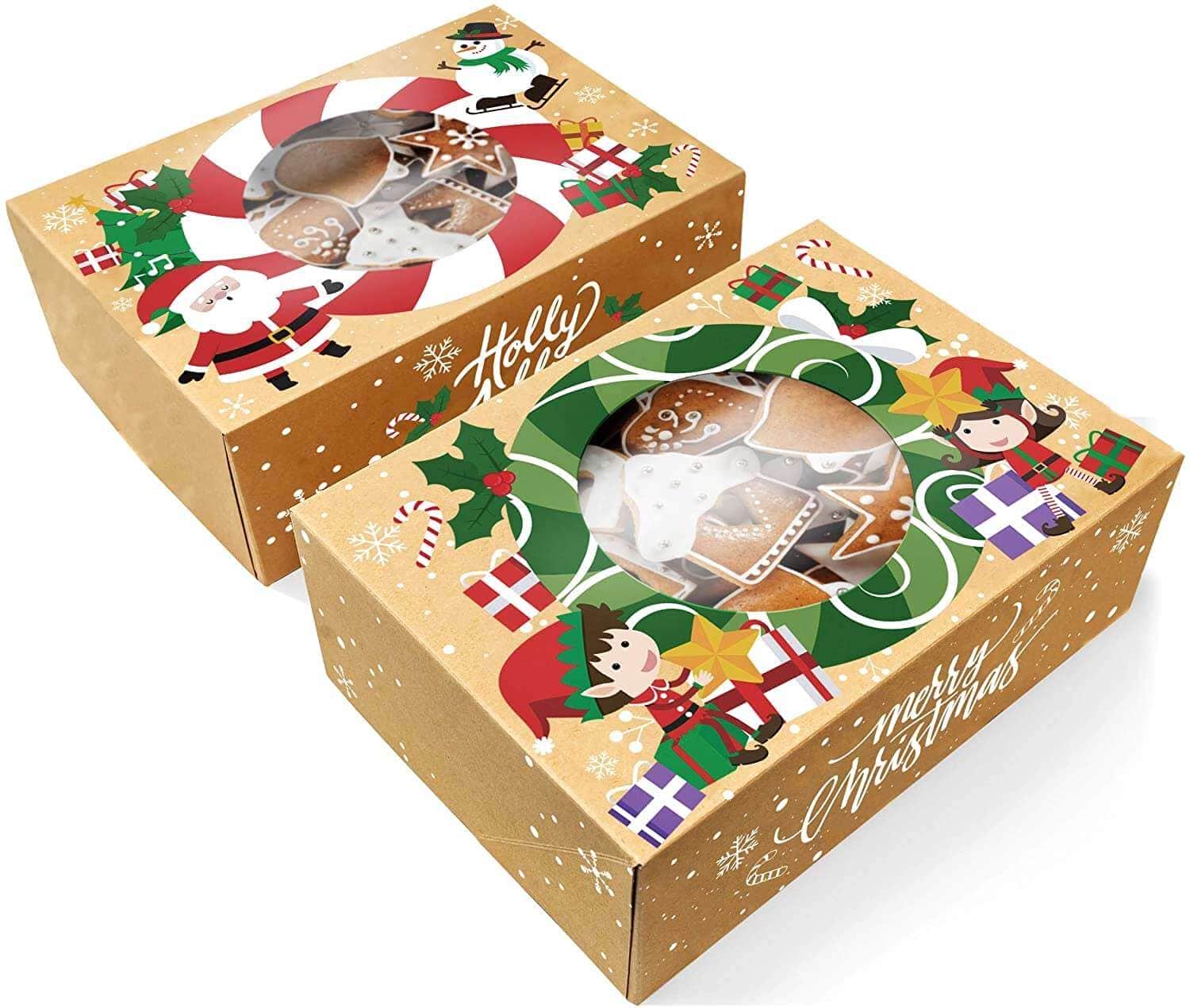 Christmas Cookie Boxes Bulk 12 Pack Kraft Large Holiday Christmas Food, Bakery Treat Boxes with Window, Candy and Cookie Boxes for Gift Giving Kraft Packaging Containers & Tins with Lids