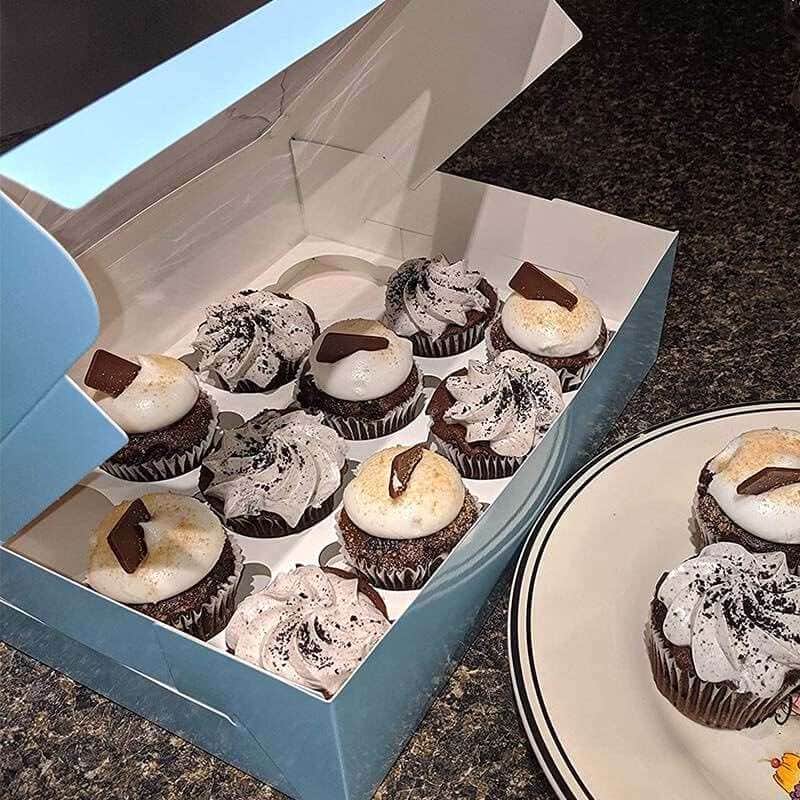 Custom Premium Pale Blue Bakery Boxes with Windows and Inserts for 12 Cupcakes Muffins Baked Goods