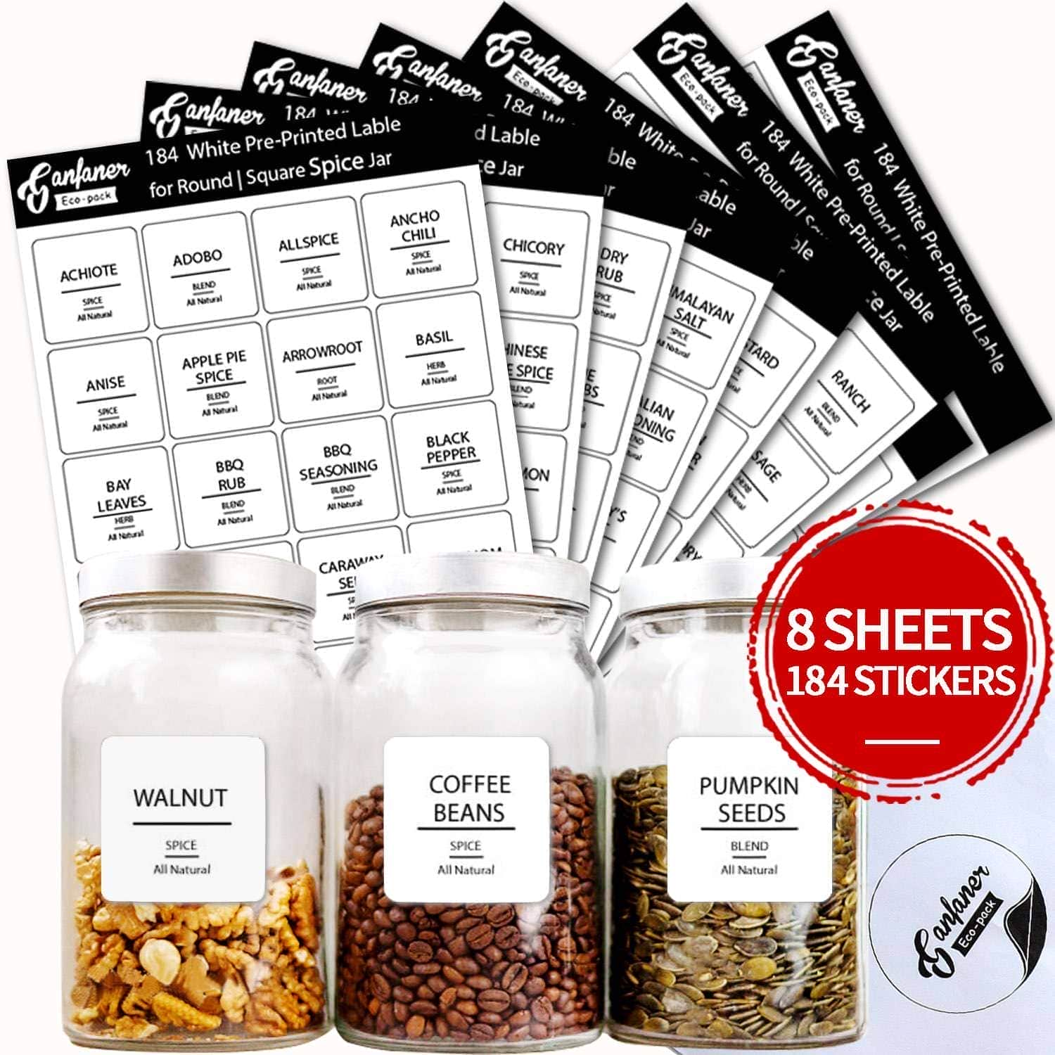 184pcs Spice Jar Labels,Extra Write-on Labels for DIY,Waterproof Label with Black Capital Letters on White Background,for Spice Containers, Glass, Mason Jars (Does Not Include Jars)